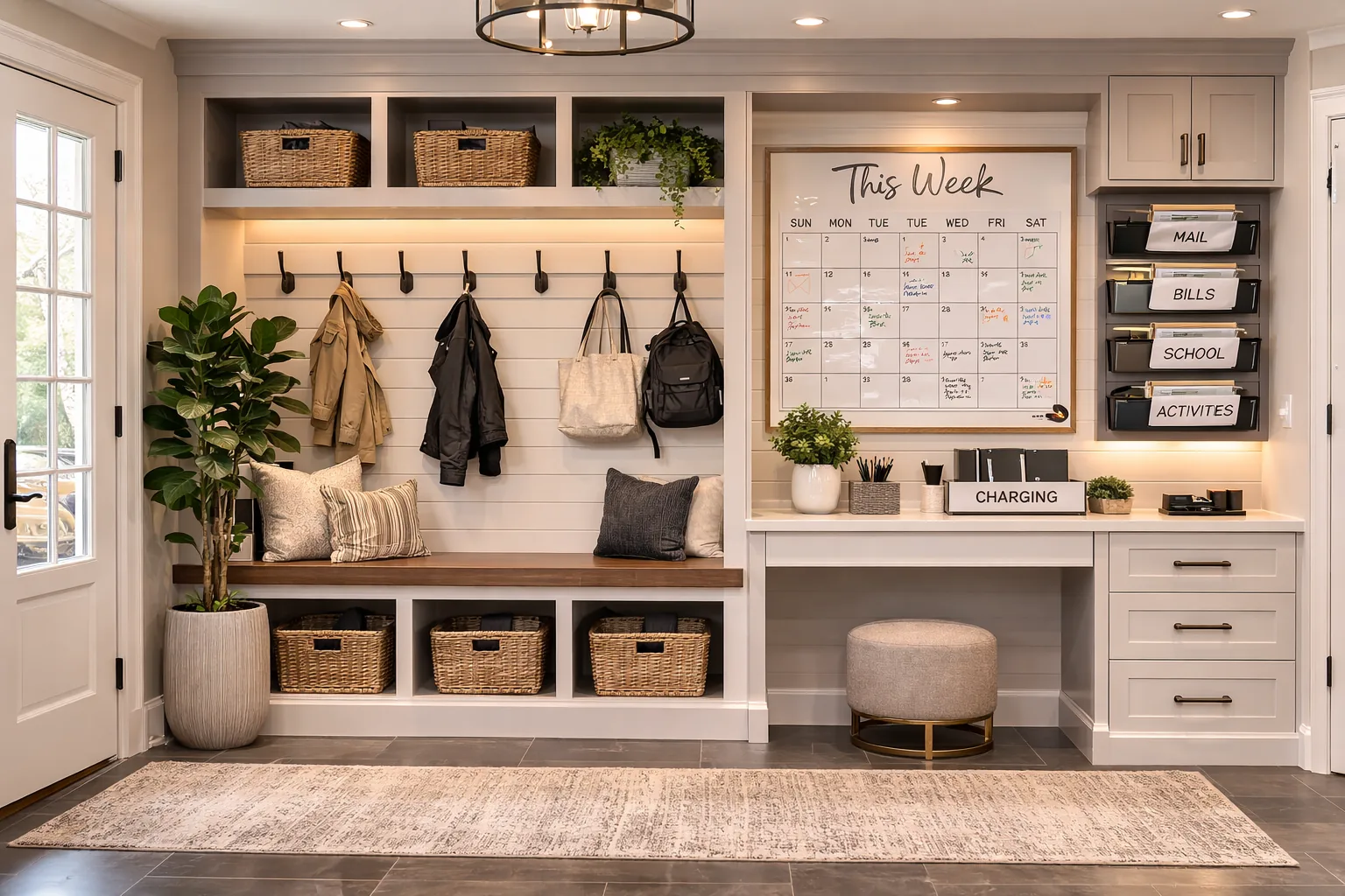 Family mudroom command center with hooks, baskets, calendar board, and charging station