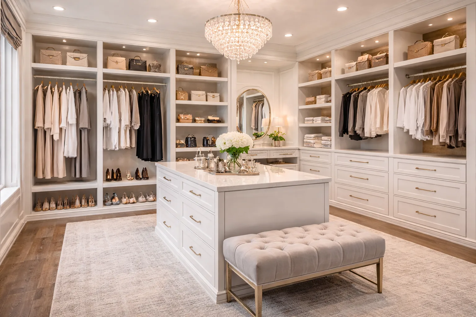 Luxury walk in closet with chandelier, island storage, and organized wardrobe in Maryland