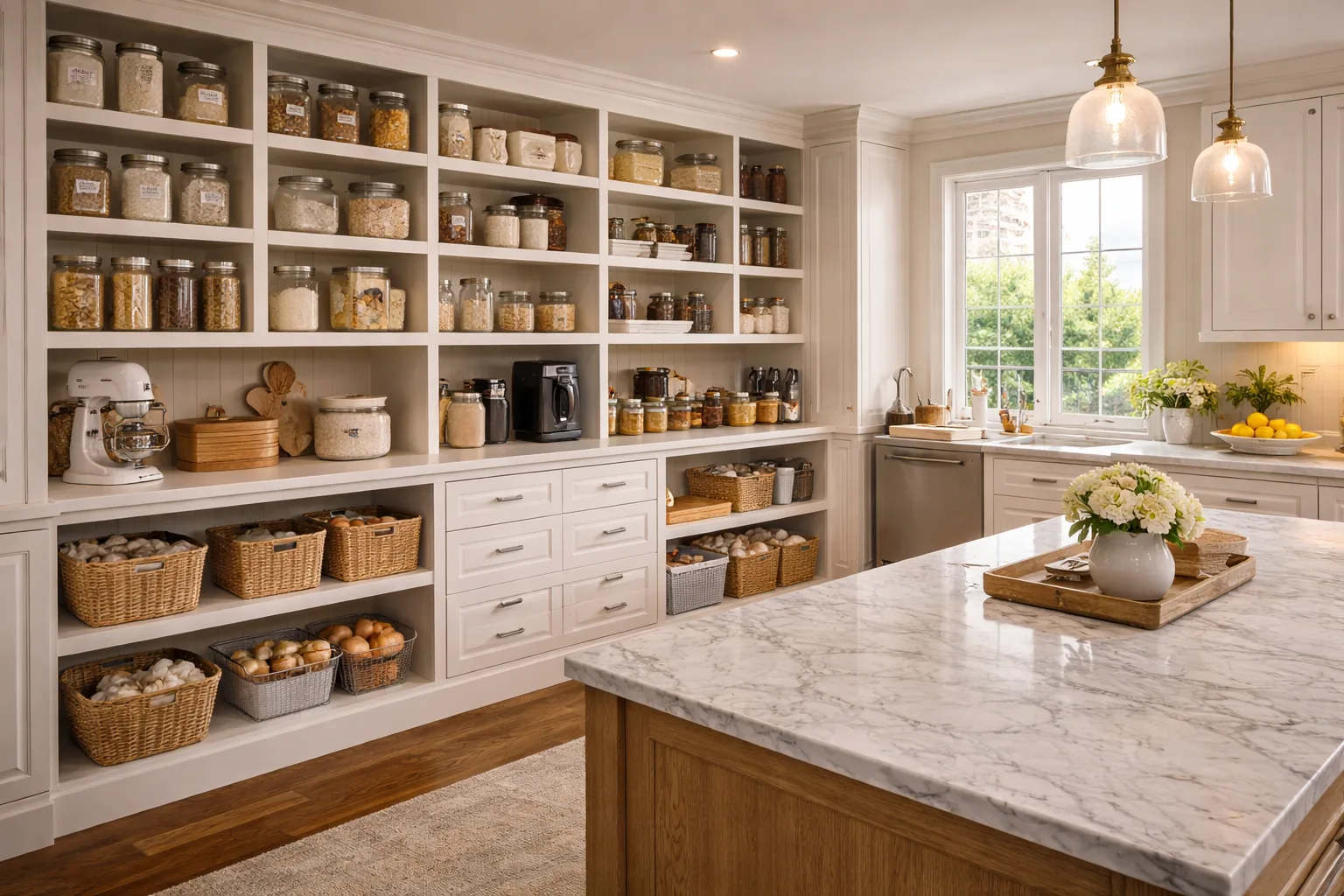 Organized kitchen pantry with labeled jars, baskets, and open shelving in a Maryland home