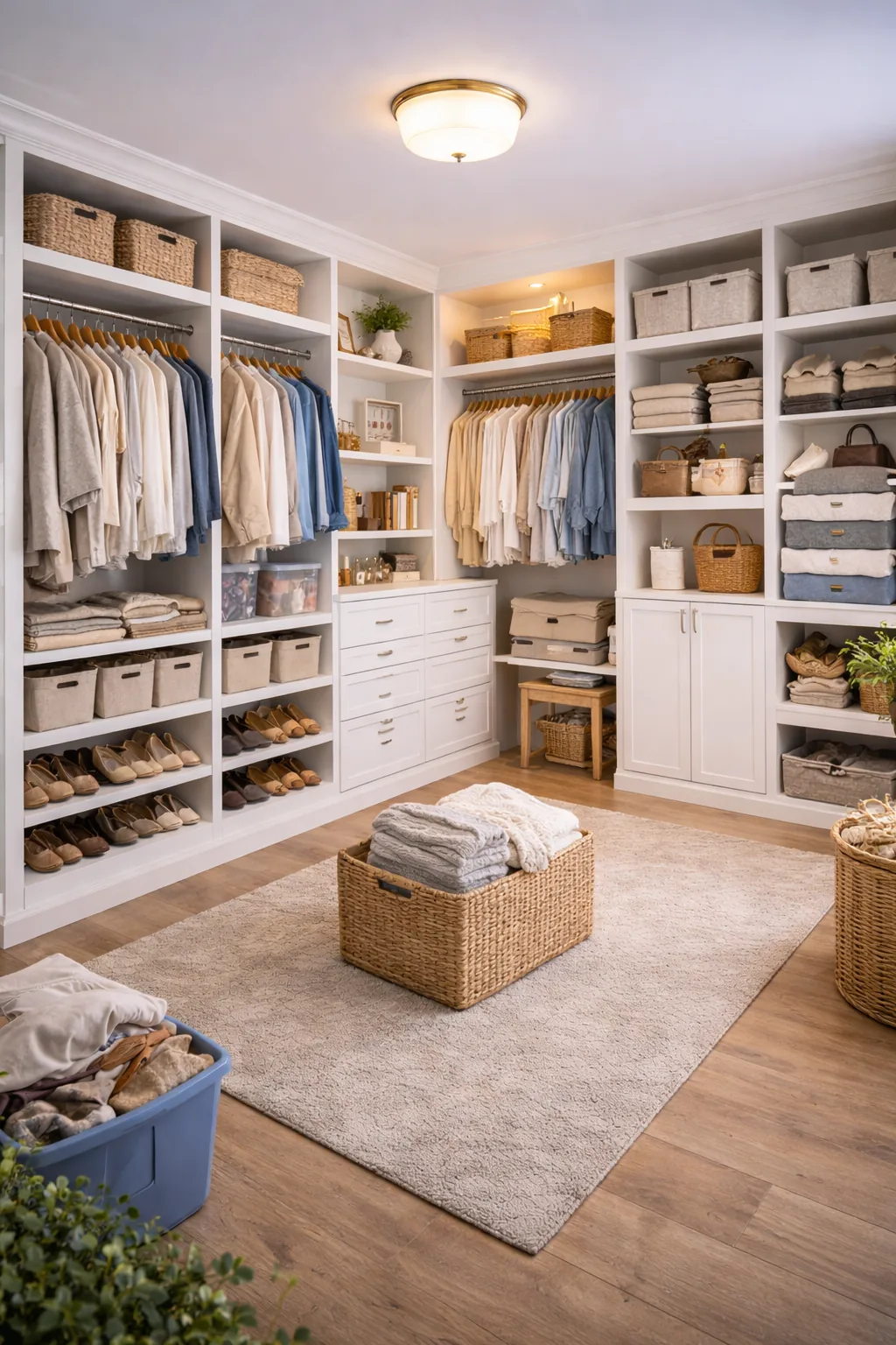 Organized walk in closet with folded garments, baskets, and custom storage in Maryland