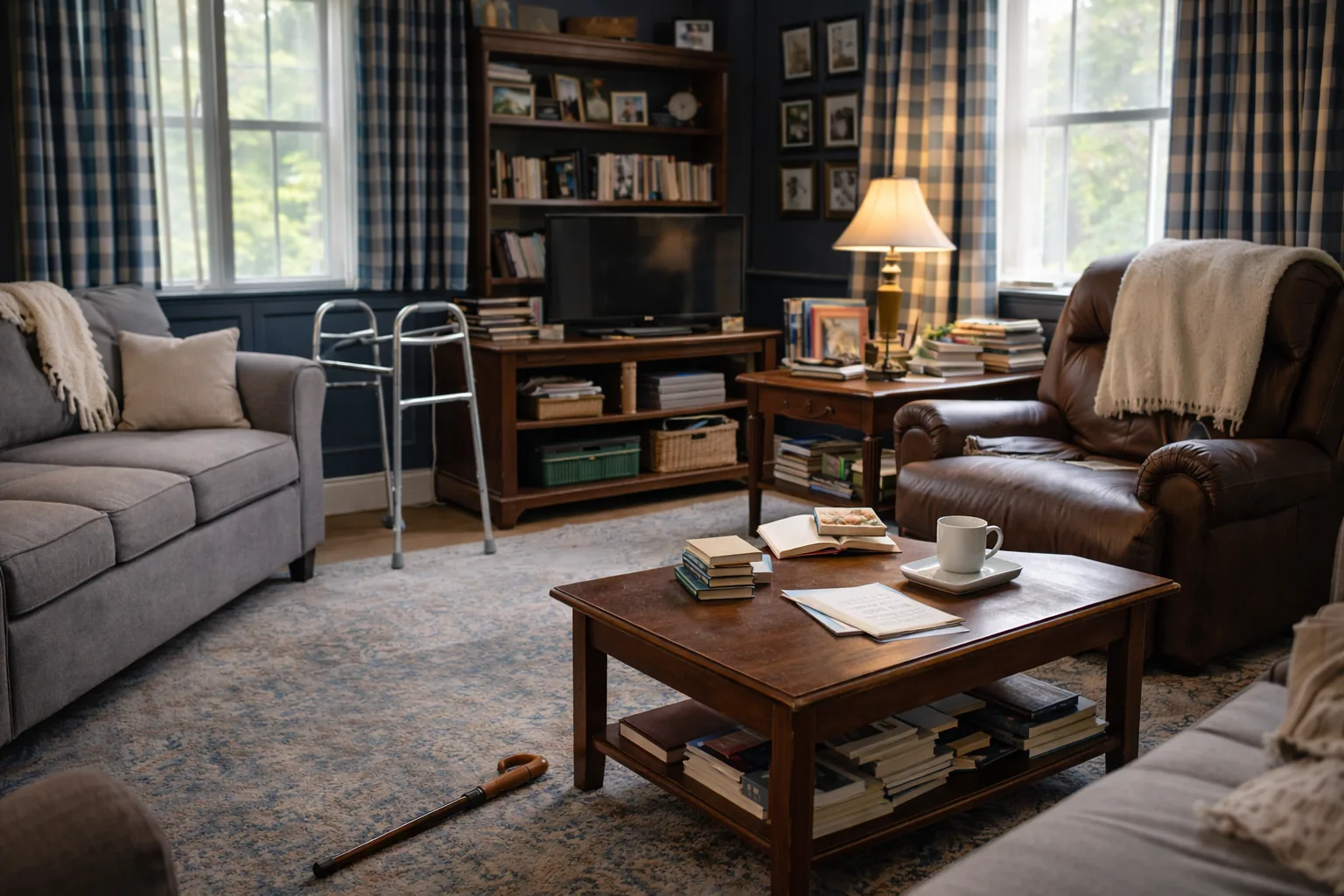 Senior downsizing checklist visual with accessible furniture placement and simplified storage